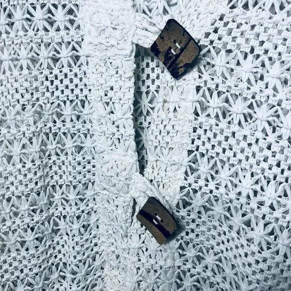 Nina Leonard Cardigan Cream Open Knit Artsy Button Crocheted Boho Beachy M - Picture 2 of 6